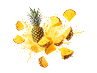 Falling Pineapple slices isolated on Transparent background, full depth of field, lipping path,pineapple in full depth of field, Falling candied fruit, Cut pineapple on transparent background, ring,Ai