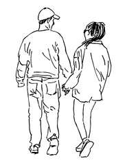 Contour hand drawing of couple casual young citizens walking outdoors on summer day, back view, vector illustration