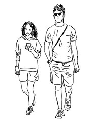 Contour hand drawing of couple casual young citizens walking outdoors on summer day, vector illustration