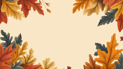 Autumn oak leaves border on beige background