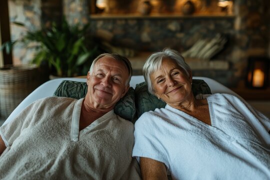Two individuals wearing white bathrobes are lying back in lounge chairs, enjoying a relaxing moment in a spa resort with a serene background featuring stone walls and soft lighting.