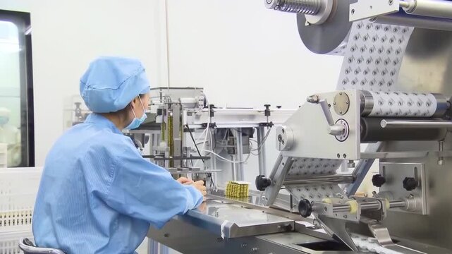Production assembly line packaging medicine factory production pharmaceuticals and drugs, large number of capsules white tablets on the conveyor. Workers on production line in pharmaceutical cosmetics