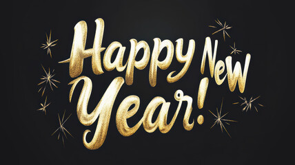 Happy New Year text with gold confetti on dark background