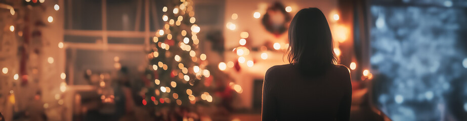 Fototapeta premium The back view of a woman during the Christmas season, standing in a room decorated with bright holiday lights, capturing the warmth and magic of the celebration.