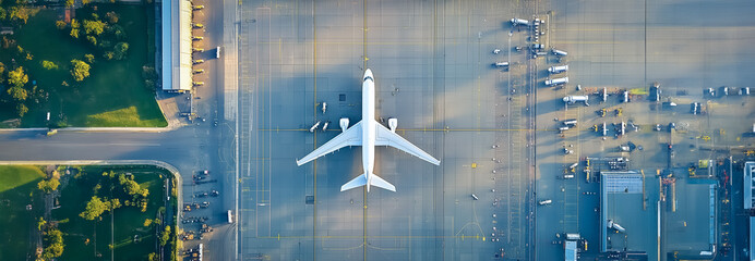 Top-down view of a large airplane parked on a busy airport apron with support vehicles around, highlighting logistics and air travel preparation.
