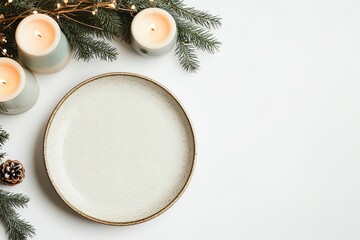 A minimalist holiday setting featuring a blank plate, candles, and pine branches, creating a serene festive atmosphere.