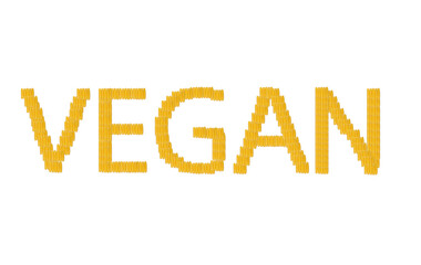 vegan inscription written with yellow corn cobs on white isolated background