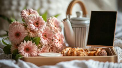 Breakfast in Bed with Flowers and Tea