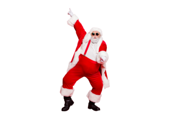 Full size photo of funny fat overweight santa claus with big abdomen in eyewear dance raise hand wear style stylish trendy trousers pants isolated over red background