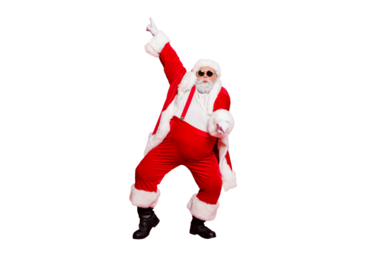 Full size photo of funny fat overweight santa claus with big abdomen in eyewear dance raise hand wear style stylish trendy trousers pants isolated over red background