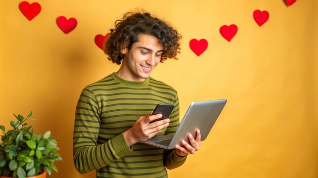 Young man enjoying online dating with laptop and smartphone surrounded by hearts