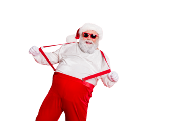 Ho-ho-ho holly jolly noel! Photo of cheerful laughing grandfather pulling holding boasting suspenders on trousers having fun time on vacation weekend isolated bright background