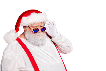 Close up photo of minded style stylish trendy  fat overweight funny funky santa claus see look...