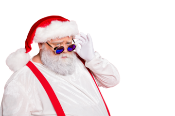 Close up photo of minded style stylish trendy  fat overweight funny funky santa claus see look naughty kids with frowning face isolated over red background