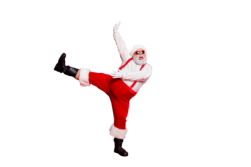 X-mas newyear time concept. Photo of overweight with round belly fatty nice positive emotional modern screaming shout singing carols grandfather moving legs hand in air isolated bright background