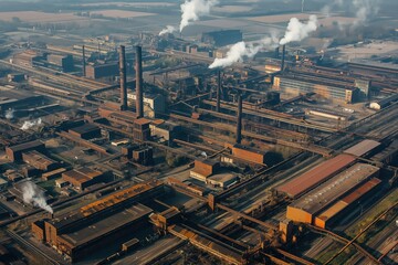 Fototapeta premium Aerial view of a sprawling steelworks complex with numerous chimneys releasing smoke into the atmosphere