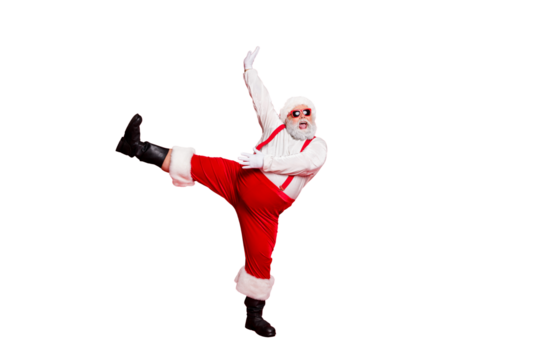 X-mas newyear time concept. Photo of overweight with round belly fatty nice positive emotional modern screaming shout singing carols grandfather moving legs hand in air isolated bright background