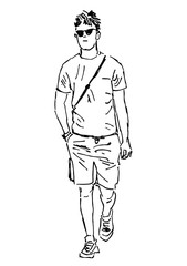 Sketch of casual modern young man in sunglasses walking alone on summer day outdoor, realistic vector hand drawn illustration