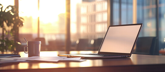 Laptop with white screen on wooden table. Created with Ai