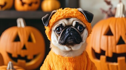 A cute pug in a bright pumpkin costume, posing in front of intricately carved pumpkins, with a cozy and warm Halloween ambiance 