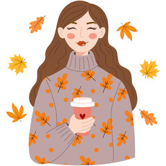 Cute girl with coffee in hands. Hygge concept vector flat illustration