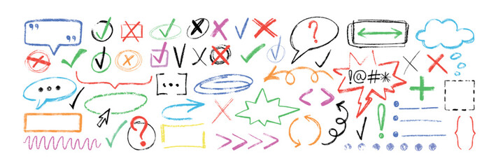 Hand drawn crayon emphasis, highlight oval and rectangle frames. Chalk pencil arrow pointer, speech bubble, strokes, checkmark, punctuation marks. Scribble charcoal dialog box, line, underline