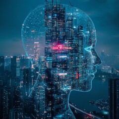 A digital human head superimposed over a cityscape at night, symbolizing the intersection of technology and urban life.