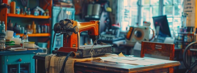 Vintage sewing machine in a cluttered workshop