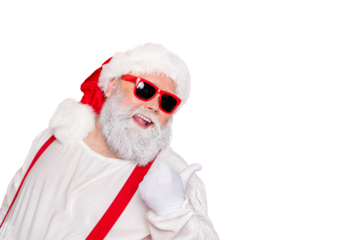 Close up photo of cheerful funny fat overweight style stylish trendy santa claus in eyewear  pointing at copyspace recommend winter season sales isolated over red background