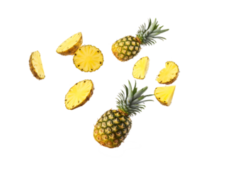 Falling Pineapple slices isolated on Transparent background, full depth of field, lipping path,pineapple in full depth of field, Falling candied fruit, Cut pineapple on transparent background, ring,Ai