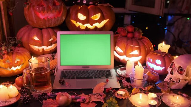 Laptop with green screen, place for ad offers, next to Halloween carved pumpkins Jack O Lanterns and flashing light, candles, colorful garlands, holiday background.