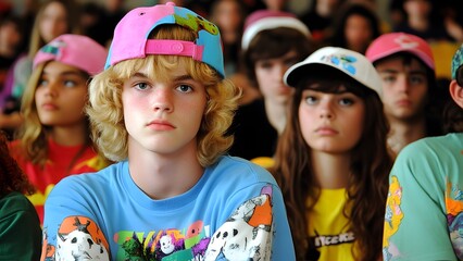 Teen fashion trends: youth wearing colorful retro caps and t-shirts in a crowd