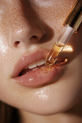  drop of a cosmetic product is applied without touching from a dropper onto the cheek of a beautiful girl; 