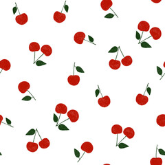 Seamless pattern of cherry fruit with green leaves on white background. Cute fruit print
