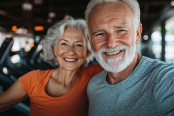 A senior couple with grey hair and casual workout clothes, both beaming smiles in a modern gym setting filled with technological equipment and warm ambient lighting.