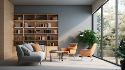 gray living room with a large window