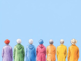 A diverse group of seniors in colorful coats gazes at a clear blue sky, symbolizing hope, unity, and togetherness in their journey.