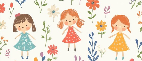 A delightful illustration featuring three cheerful girls in colorful dresses surrounded by vibrant flowers and foliage.