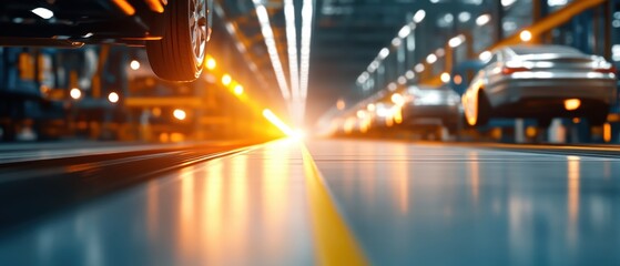 Fototapeta premium A dynamic view of a car factory showing vehicles on an assembly line with vibrant lighting and a polished floor.