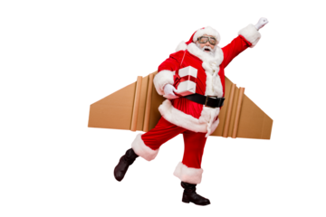 Full length profile side photo of crazy funny elderly superhero santa start launch fly up his rocket wings to give presents on christmas night wear costume cap hat isolated over red background