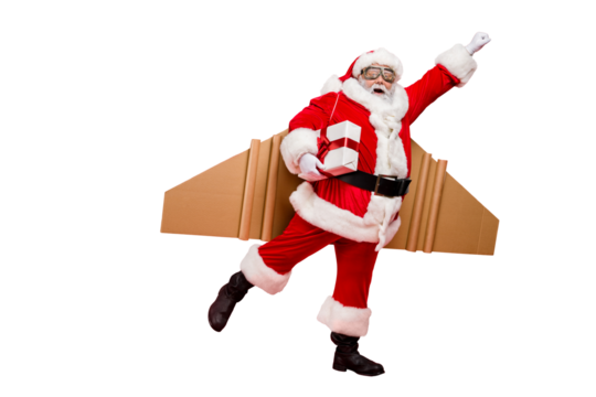 Full length profile side photo of crazy funny elderly superhero santa start launch fly up his rocket wings to give presents on christmas night wear costume cap hat isolated over red background