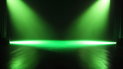 green spotlights shine on stage floor in dark room, idea for background