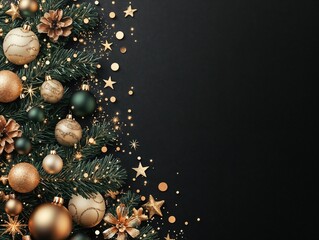 Fototapeta premium Elegant Christmas tree arrangement with gold ornaments and decorations against a dark background