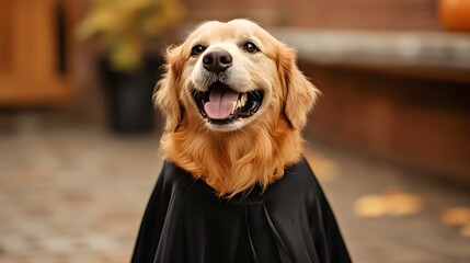 A golden retriever wearing a black vampire cape, standing playfully with a bright expression, perfect for a Halloween-themed pet photo 