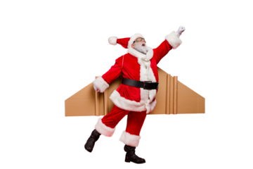 Full size photo of amazed elderly superhero christmas father impressed by fly up turbo speed of his magic imagine rocket wings scream omg wear cap hat isolated over red background