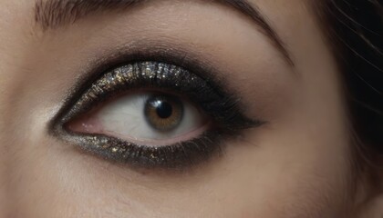 Obraz premium Close-up of a woman's eye with shimmery gold eyeshadow and black eyeliner.