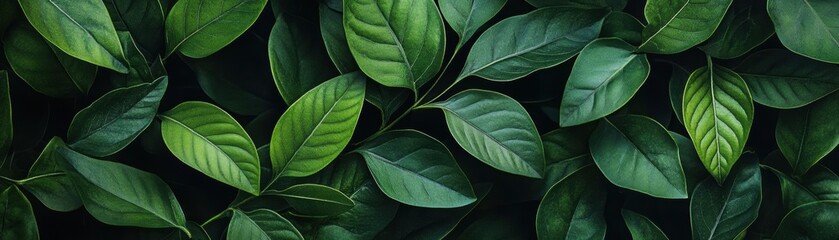 A close-up view of vibrant green leaves layered beautifully against a dark background, evoking a sense of tranquility and nature.
