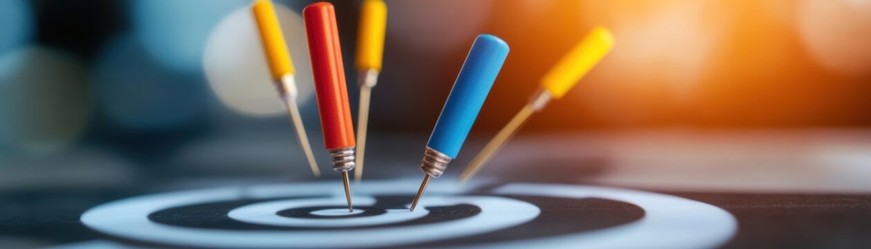 A close-up view of colorful darts hitting a bullseye, symbolizing precision and success in target-oriented activities.