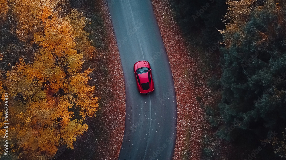 Wall mural overhead view of red car on a autumn forest road	