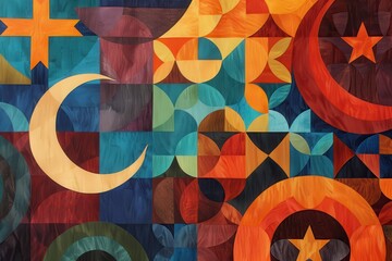 Artistic mural displaying peaceful integration of religious symbols. The cross, crescent, Om, and Star of David. Harmony, unity, and diversity. Celebration of world religions and peaceful coexistence.